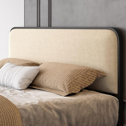 SHA CERLIN Queen Size Platform Metal Bed Frame with Curved Upholstered Headboard and Footboard, Large Under Bed Storage, No Box Spring Needed, Modern, Beige