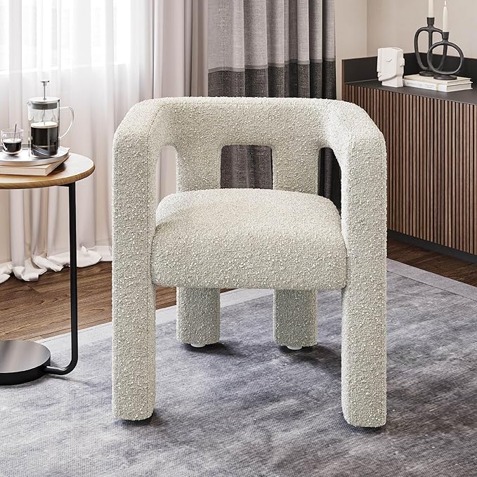 BELLEZE Modern Boucle Barrel Dining Chair Set of 4, Upholstered Linen Kitchen Boucle Armchair with Sidearms and Back, for Dining Room Living Room- Cream