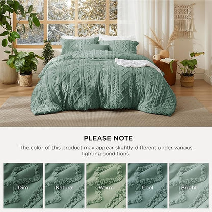 Bedsure Tufted Boho Comforter Set Twin Size - Green Boho Bed Set, GentleSoft™ 2 Pieces Farmhouse Shabby Chic Embroidery Bedding, Gifts for Woman, Soft Jacquard Twin Comforter for All Seasons