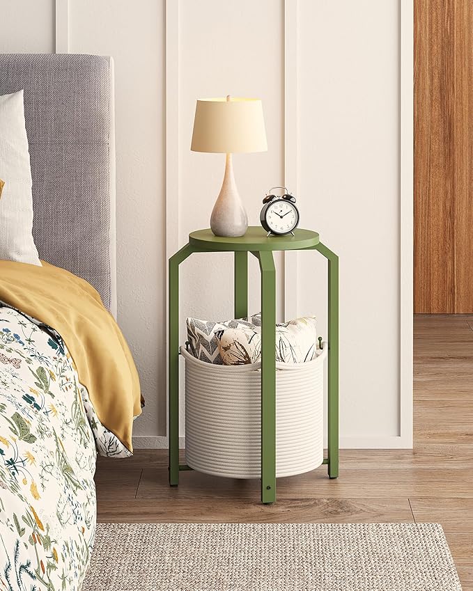 TUTOTAK Small Side Table, Round End Table, Night Stand, Bedside Table, Sofa Table with Storage Basket, Living Room, Bed Room, Olive Green TB01BOG0922