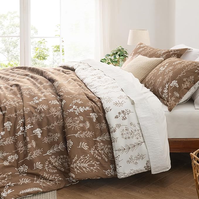 Bedsure King Comforter Set - Brown Bed Set, 3 Pieces Cute Floral Bedding, 1 Soft Reversible Botanical Flowers Comforter and 2 Pillow Shams