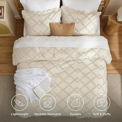 Bedsure Boho Comforter Set Queen - Beige Tufted Queen Size Comforter, 3 Pieces Farmhouse Shabby Chic Embroidery Bed Set, Soft Fluffy Geometric Pattern Bedding for All Seasons