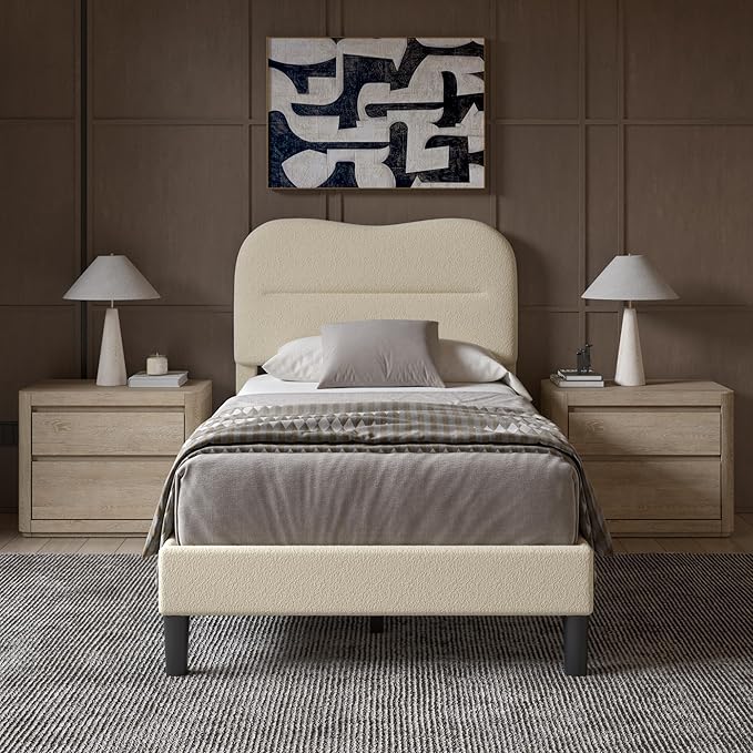 Twin Bed Frames with Headboard, Upholstered Bed Frame Twin, Teddy Soft Boucle Fabric Twin Size bedframes, Soft Cloud Marshmallow Shape Upholstered Headboard, No Box Spring Needed, Noise Free (Beige)