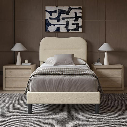 Twin Bed Frames with Headboard, Upholstered Bed Frame Twin, Teddy Soft Boucle Fabric Twin Size bedframes, Soft Cloud Marshmallow Shape Upholstered Headboard, No Box Spring Needed, Noise Free (Beige)