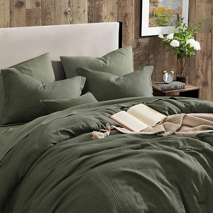 Geniospin California King Comforter Set - 7 Pieces Comforter King Size, Soft Solid Bedding Set for All Season, Textured Bed in a Bag with Sheets, Pillowcases & Shams (Dark Green,108''x92'')