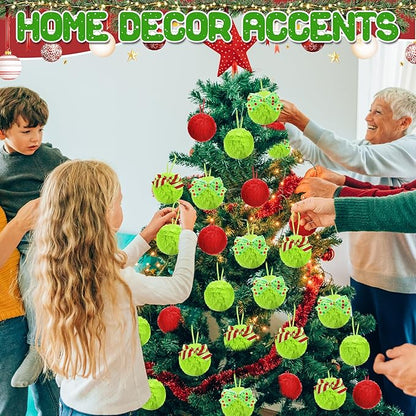 24 Pcs Red Green Furry Christmas Ball Ornaments, 3.15 Inch Large Decor Ball with Bows, Christmas Hanging Decorations Lime Green Soft Faux Fur Pom Pom Balls Decor for Xmas Tree Party Supplies