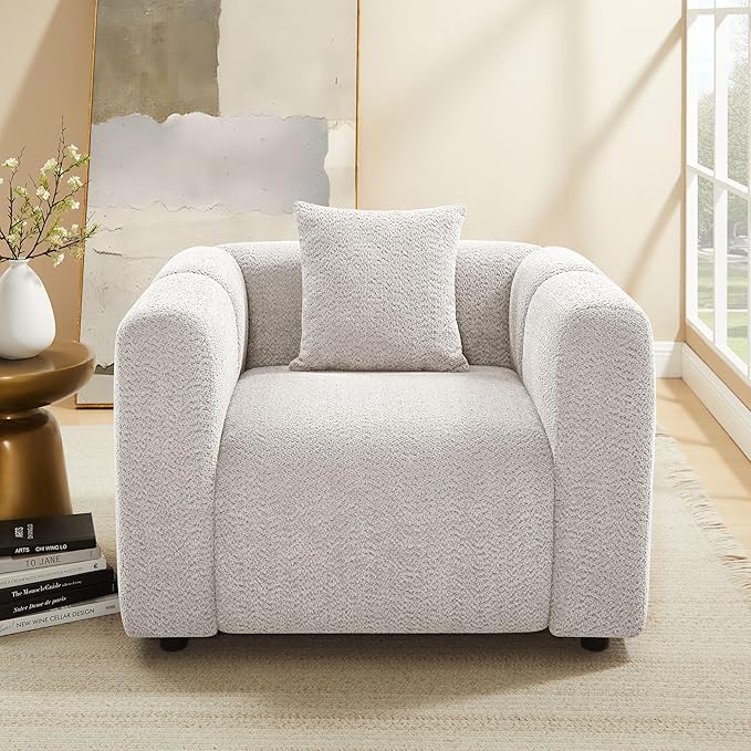 VANOMi 42" Width Accent Chair for Living Room, Modern Lounge Chair with Pillow, Comfy Upholstered Boucle Single Sofa Chair for Living Room (Light Khaki)