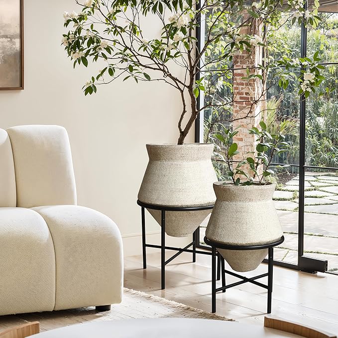 LuxenHome Planters for Indoor Plants, Set of 2 Indoor Plant Pots, Novelty Decorative Planters with Black Metal Stands, Distressed Cachepot Cauldron Large Floor Flower Pot for Living Room, 11 & 16 Inch