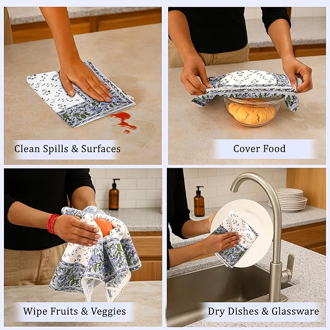 Ridhi Powder Blue Hand Block Print Waffle Kitchen Towel Set of 3-16 x28 Ultra Absorbent Quick Dry 100% Cotton Dish Towels Lightweight Reusable Sustainable Tea Towels for Cleaning and Drying