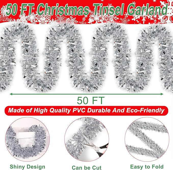 50 Feet Silver Christmas Tinsel Garland for Christmas Tree Decorations, Xmas Metallic Twist Shiny Hanging Garland Decor for Mantle Stairs Fireplace Home Holiday Indoor Outdoor