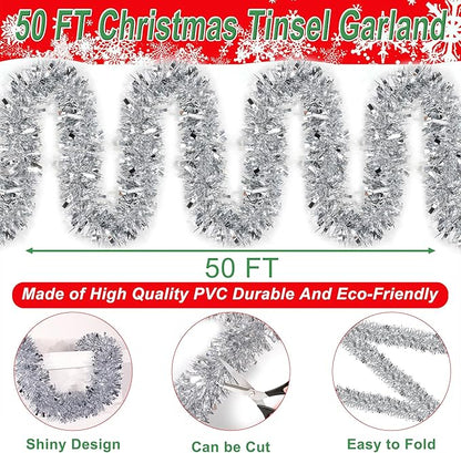 50 Feet Silver Christmas Tinsel Garland for Christmas Tree Decorations, Xmas Metallic Twist Shiny Hanging Garland Decor for Mantle Stairs Fireplace Home Holiday Indoor Outdoor