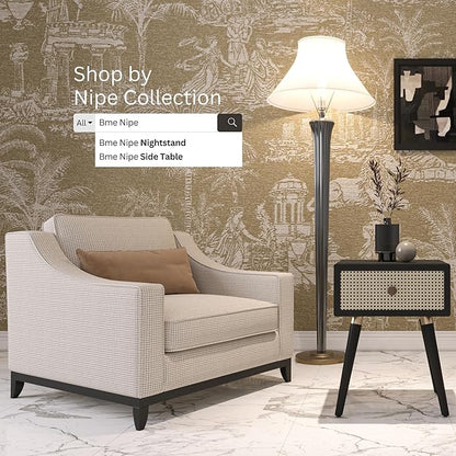 Bme Nipe Black Solid Wood Rattan Woven Cane End Table Bedside Table for Modern Bedroom Boho Living Room