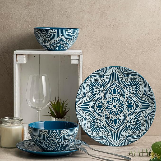 Bzyoo 12-Piece Ceramic Dinnerware Set: La La Mandala Blue Dish Set Design for Every Occasion - Microwave & Dishwasher Safe Stackable Plates Bowls