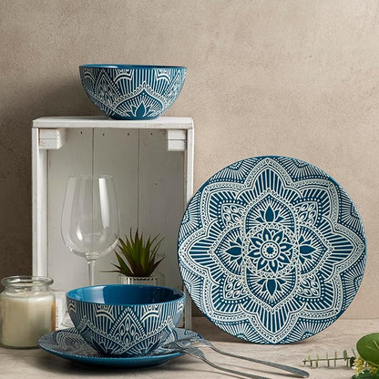 Bzyoo 12-Piece Ceramic Dinnerware Set: La La Mandala Blue Dish Set Design for Every Occasion - Microwave & Dishwasher Safe Stackable Plates Bowls