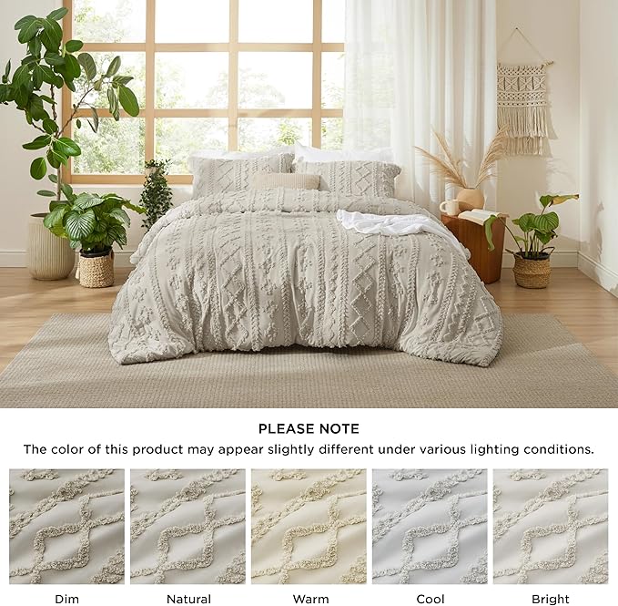 Bedsure Tufted Boho Comforter Set Queen Size - Linen Boho Bed Set, GentleSoft™ 3 Pieces Farmhouse Shabby Chic Embroidery Bedding, Gifts for Woman, Soft Jacquard Queen Comforter for All Seasons