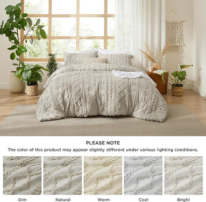 Bedsure Tufted Boho Comforter Set Queen Size - Linen Boho Bed Set, GentleSoft™ 3 Pieces Farmhouse Shabby Chic Embroidery Bedding, Gifts for Woman, Soft Jacquard Queen Comforter for All Seasons