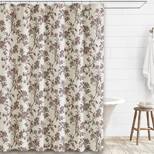 Brown Shower Curtain Floral Cotton Linen Cottagecore Shower Curtain for Bathroom 75" L x 72" W Long