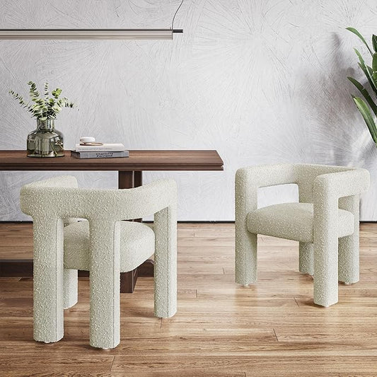 BELLEZE Modern Boucle Barrel Dining Chair Set of 4, Upholstered Linen Kitchen Boucle Armchair with Sidearms and Back, for Dining Room Living Room- Cream