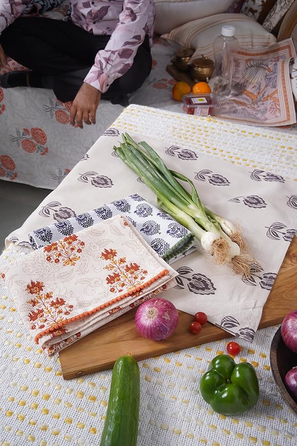 TARAN LIVING Printed Kitchen Dish Bar and Tea Towels Cotton, 18x28 inch with Trims, Cotton Dish Towel Sets (Multicolor Motif, Set of 3)