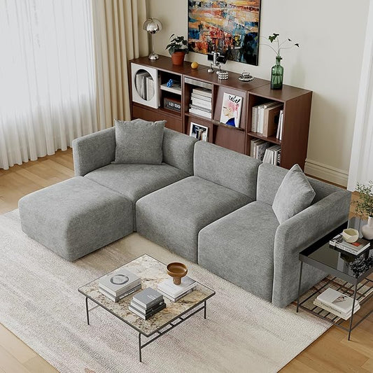 Acanva Luxury L-Shaped Upholstery Convertible Modular Sectional Sofa, Contemporary Reversible Couch with Chaise Lounge for Living Room, Apartment, Linen-Like Grey