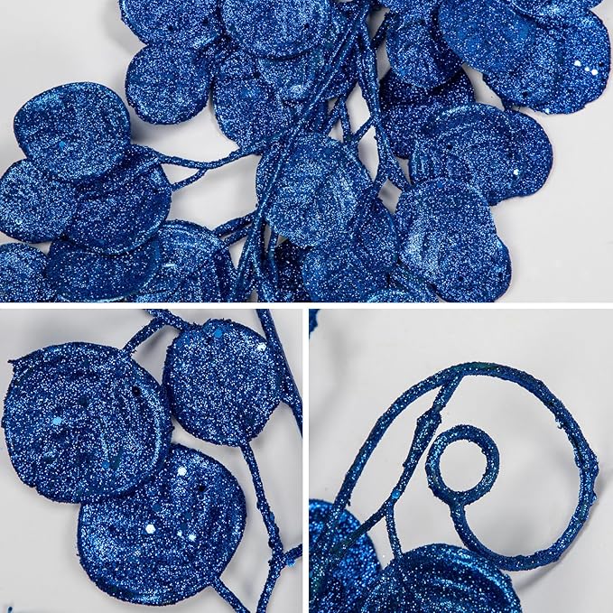 3 Pcs 6FT Christmas Garland Blue Glittered Artificial Eucalyptus Leaves for Mantle Christmas Tree Decorations Hanging Garland Ornaments Garden Table Shelf Door Window Wall Stair Holiday Home Decor