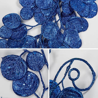 3 Pcs 6FT Christmas Garland Blue Glittered Artificial Eucalyptus Leaves for Mantle Christmas Tree Decorations Hanging Garland Ornaments Garden Table Shelf Door Window Wall Stair Holiday Home Decor
