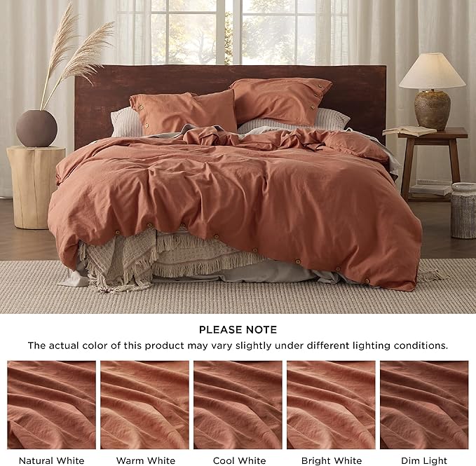 Bedsure Linen Duvet Cover King - Linen Cotton Blend Bedding Set, Soft & Cozy, 3 Pieces, 1 Duvet Cover 104x90 Inches and 2 Pillowcases, Burnt Orange Color Cooling Bedding, Comforter Sold Separately