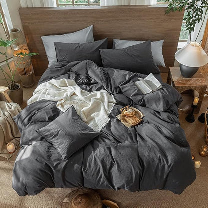 MooMee Wavy Striped Duvet Cover Set 100% Washed Cotton Linen Like Textured Breathable Durable Soft Comfy (Charocal Grey, Oversized Queen 98"x98")