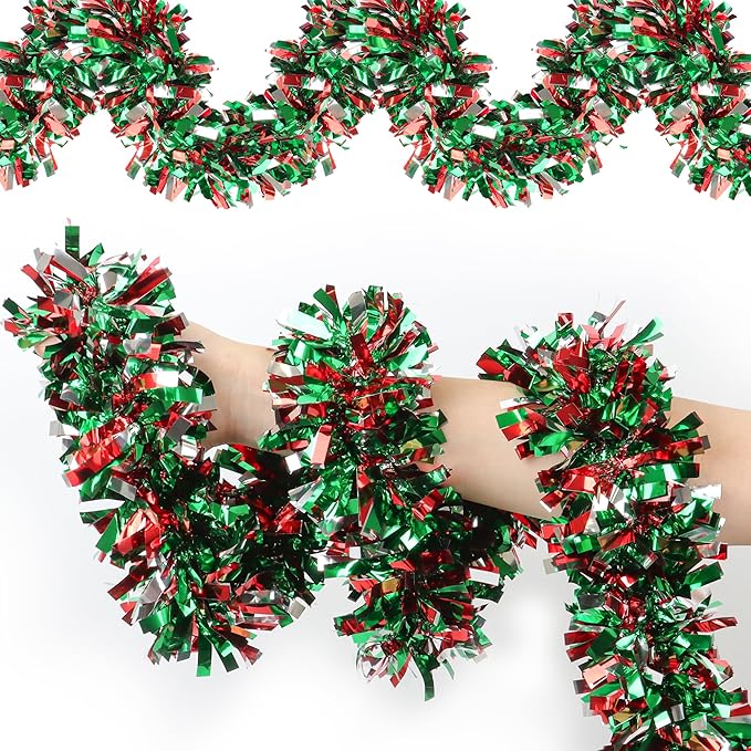 50 FT Christmas Tinsel Garland for Christmas Tree Decorations, Red Green Silver Metallic Twist Shiny Hanging Xmas Garlands for Stairs Mantle Fireplace Home Indoor Outdoor Holiday Party Suppliers Decor