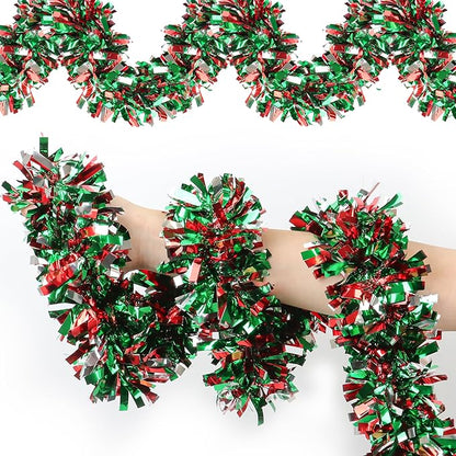 50 FT Christmas Tinsel Garland for Christmas Tree Decorations, Red Green Silver Metallic Twist Shiny Hanging Xmas Garlands for Stairs Mantle Fireplace Home Indoor Outdoor Holiday Party Suppliers Decor