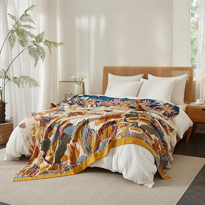 Boho Throw Blanket 100% Cotton Woven Ultra Soft 4-Layer Muslin Quilt Farmhouse Bed Blanket Cover 60"x80", Floral