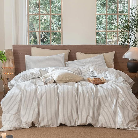 MooMee Striped Duvet Cover Set 100% Washed Cotton Linen Like Textured Breathable Durable Soft Comfy (White Cornflower Blue Wide Stripes, Cal King 104"x98")