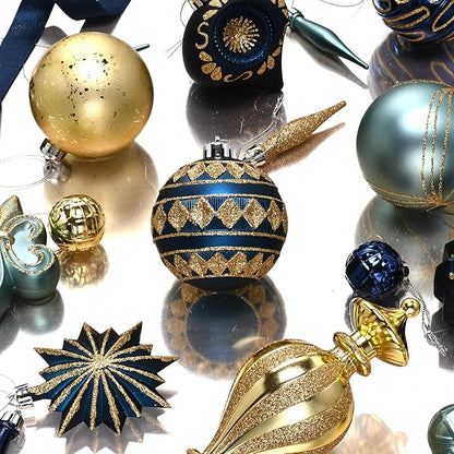 Valery Madelyn Ornaments for Christmas Trees, 60ct Blue and Gold Shatterproof Christmas Tree Decorations, Luxury Hanging Ball Ornaments Bulk for Xmas Holiday Party Decor