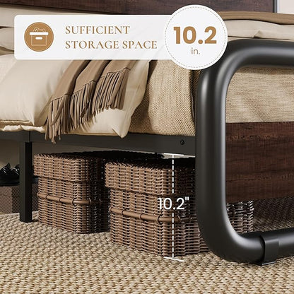 SHA CERLIN Full Size Metal Bed Frame with Wooden Headboard and Footboard, Heavy Duty Oval-Shaped Platform Bed Frame with 10" Under-Bed Storage, Noise Free, No Box Spring Needed, Mahogany