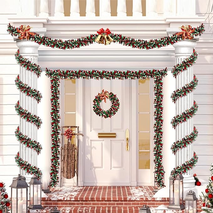 50 Feet Red & Green Metallic Twist Shiny Christmas Tinsel Garland for Tree & Home Decor