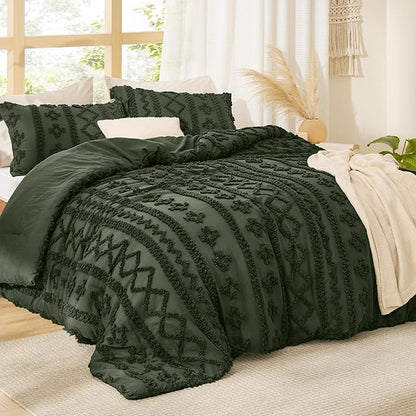 Bedsure Tufted Boho Comforter Set Oversized Queen - Olive Green Boho Bed Set, GentleSoft™ 3 Pieces Farmhouse Shabby Chic Embroidery Bedding, Gifts for Woman, Soft Jacquard Comforter for All Seasons