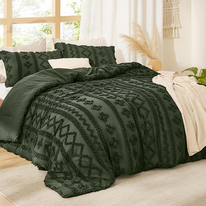 Bedsure Tufted Boho Comforter Set Oversized King - Olive Green Boho Bed Set, GentleSoft™ 3 Pieces Farmhouse Shabby Chic Embroidery Bedding, Gifts for Woman, Soft Jacquard Comforter for All Seasons