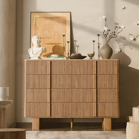 Fluted Dresser for Bedroom with 8 Drawers, 47" Wide Modern Chest of Drawers with Wooden Handle, Wooden Dresser TV Stand, Wood Closet Clothes Storage Organizer for Living Room, Hallway, Natural Oak