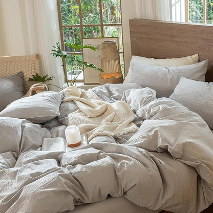 MooMee Wavy Striped Duvet Cover Set 100% Washed Cotton Linen Like Textured Breathable Durable Soft Comfy (Light Grey, Super King 108"x98")