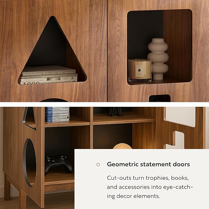 WERMO 37'' Showcase Display Cabinet with Geometric Cut-Out Doors - Modern Curio Cabinet for Dining Room, Living Room, Entryway. Trophy Case, Collectible Display Case Wood with Door & Storage Consoles (Walnut)