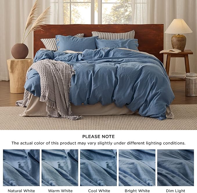 Bedsure Linen Duvet Cover King Size - Linen Cotton Blend Bedding Set, Soft & Cozy, 3 Pieces, 1 Duvet Cover 104x90 and 2 Pillowcases, Foggy Blue Color Cooling Bedding, Comforter Sold Separately