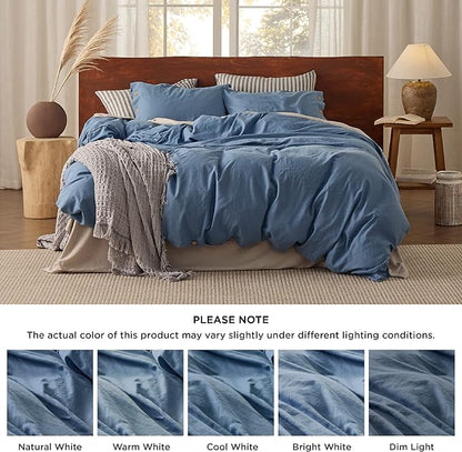 Bedsure Linen Duvet Cover Queen - Linen Cotton Blend Bedding Set, Soft & Cozy, 3 Pieces, 1 Duvet Cover 90x90 Inches and 2 Pillowcases, Foggy Blue Color Cooling Bedding, Comforter Sold Separately