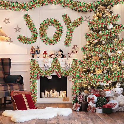50Ft Christmas Red Green and Gold Tinsel Garland Metallic Twist Shiny Garland for Xmas Christmas Tree Ceiling Hanging Decorations Holiday Wedding Home Party Supplies Indoor Outdoor Decor