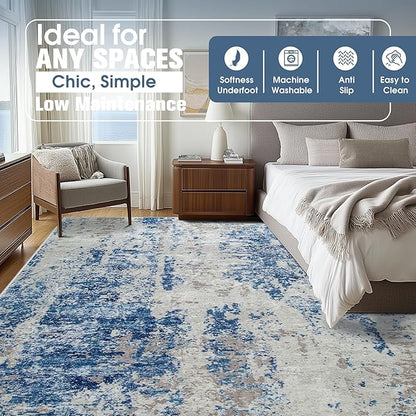 8x10 Area Rugs for Living Room Rug Washable: Abstract Large Rug for Dining Room Bedroom Carpet Non Slip 8 by 10 Indoor Modern Nursery Home Office Blue Grey White