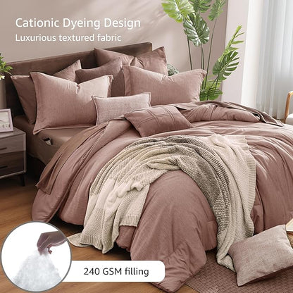 Monbix King Size Comforter Set,7 Pieces Dusty Pink Cationic Dyeing Bed in a Bag King with Comforter, Sheets, Pillowcases & Shams, All Season Reversible Bedding Comforters
