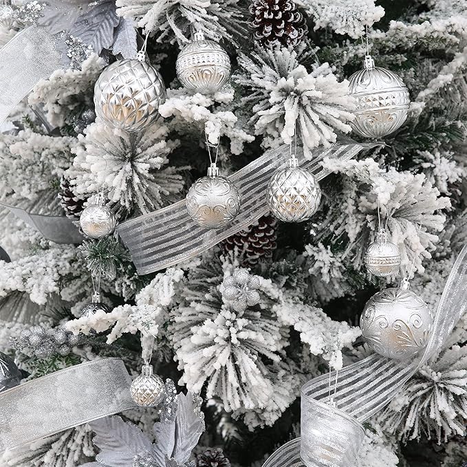 Christmas Ball Ornaments Silver Christmas Tree Decorations with Hang Rope-36pcs Shatterproof Christmas Ornaments Set with 6 Styles in 3 Sizes(Small Medium Large)