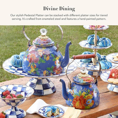 MACKENZIE-CHILDS Enamel Pedestal Platter, Round Cake Stand, Large, Blue-and-White Royal Check