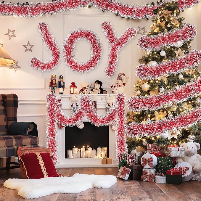 50Ft Christmas Red Tinsel Garland Xmas Tree Decorations Metallic Glitter Twist Garland for Christmas Decorations Anniversary Birthday Wedding Holiday Supplies Indoor Outdoor Supplies