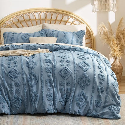 Bedsure King Size Comforter Set - Grayish Blue Tufted Boho Bed Set, Farmhouse Shabby Chic Embroidery Bedding for All Seasons, 3 Pieces, 1 Soft Jacquard King Comforter and 2 Pillow Shams