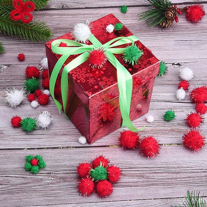 Livder Christmas Pom Poms Pompoms Red Green White Glitter Fluffy Balls, DIY Art Crafts Decorations Supplies (4 Sizes, 900 Pieces)